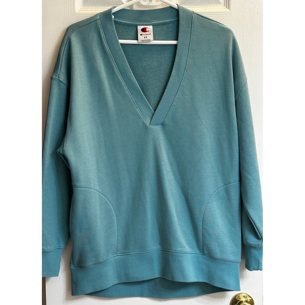 Champion V-Neck Sweatshirt Women Teal Blue Oversized Fleece Pullover X